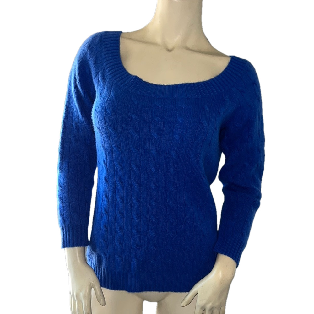 Ralph Lauren Black Label Blue Cable Knit  Cashmere 3/4 Sleeves Sweater. Size XL.